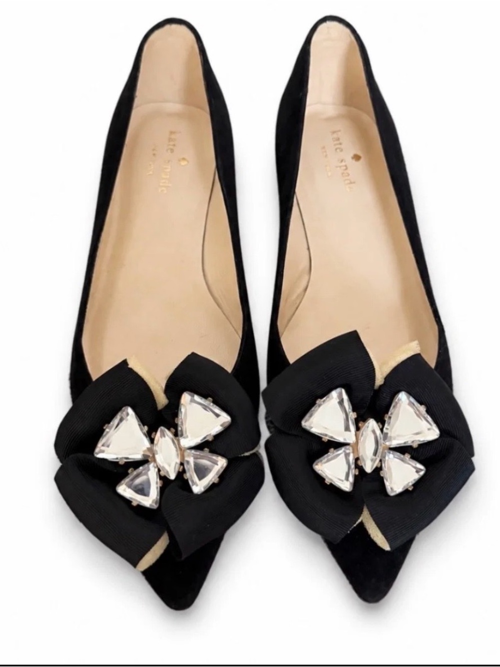 Kate Spade black suede flats with grosgrain jeweled bows